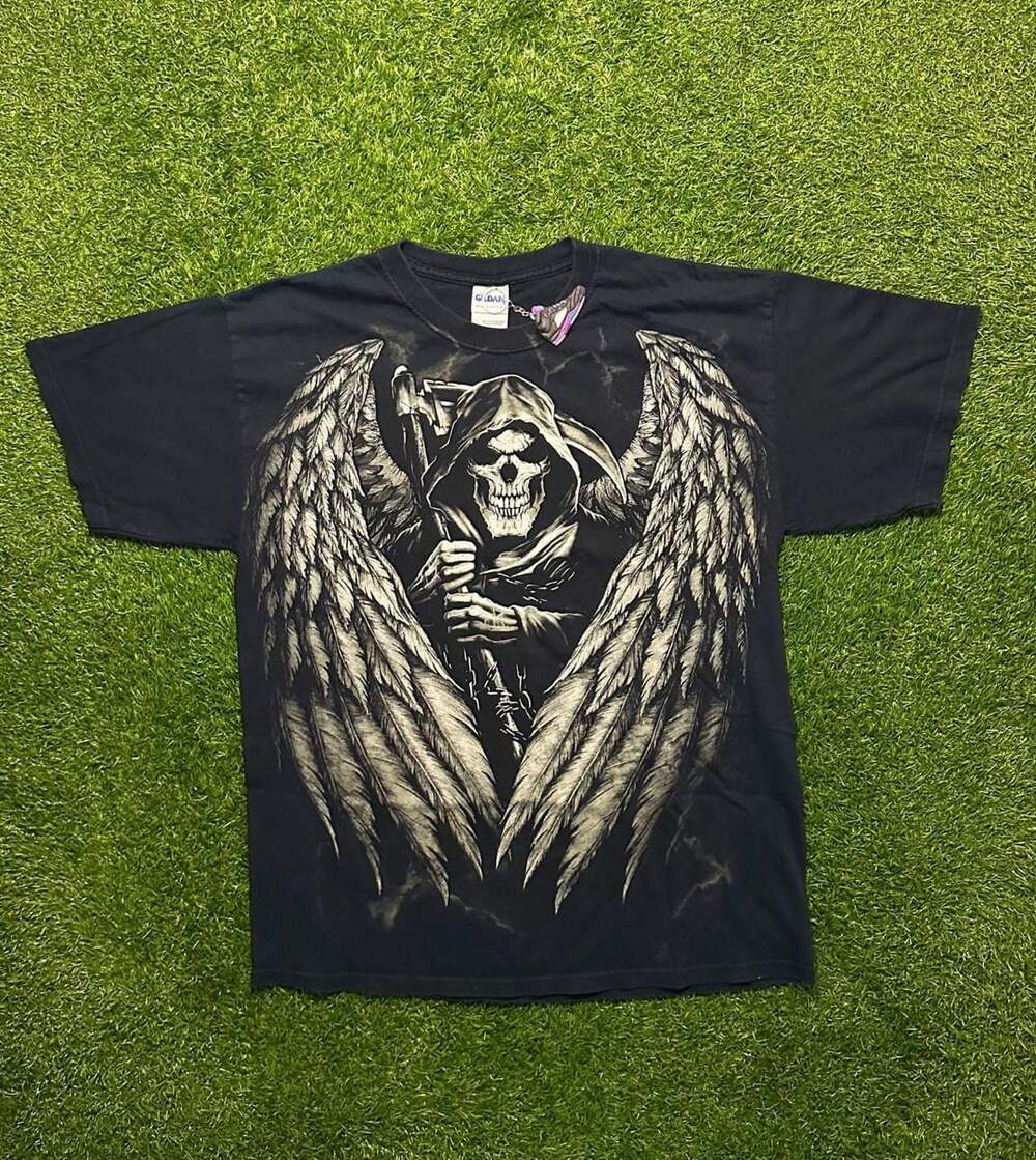 Y2K 2000s Grim Reaper Wings Graphic T-Shirt